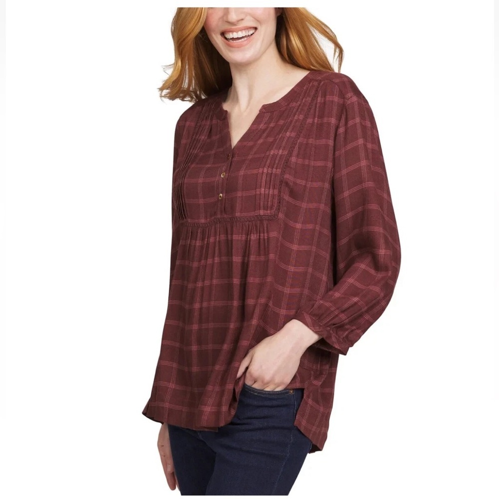 Western Boho Plaid Wrangler Peasant Blouse Burgundy Size S 3/4 Sleeve top NWT - Picture 13 of 13